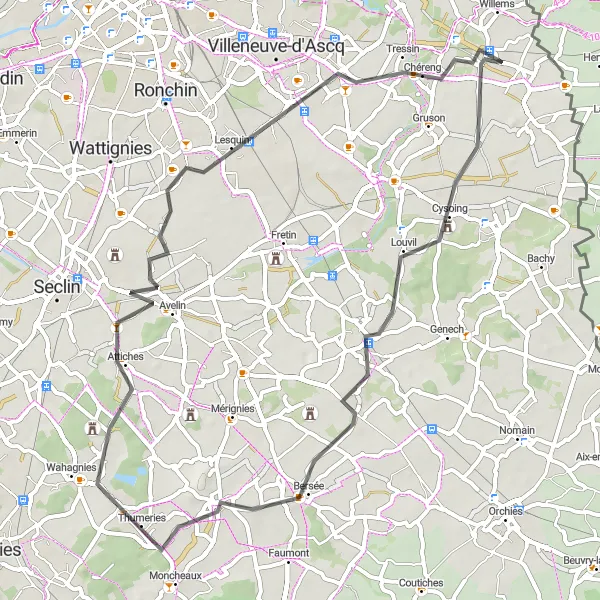 Miniature de la carte de l'inspiration cycliste "Escapade à vélo depuis Cysoing jusqu'à Baisieux" dans la Nord-Pas de Calais, France. Générée par le planificateur d'itinéraire cycliste Tarmacs.app