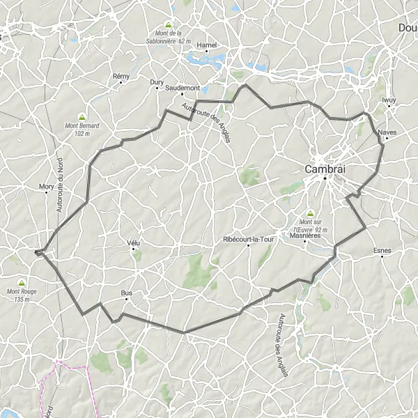 Miniature de la carte de l'inspiration cycliste "Escapade vers Awoingt et Gonnelieu" dans la Nord-Pas de Calais, France. Générée par le planificateur d'itinéraire cycliste Tarmacs.app