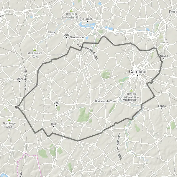 Map miniature of "The Countryside Challenge" cycling inspiration in Nord-Pas de Calais, France. Generated by Tarmacs.app cycling route planner