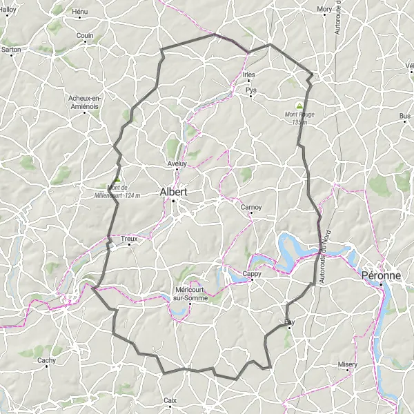 Map miniature of "The Battlefields Tour" cycling inspiration in Nord-Pas de Calais, France. Generated by Tarmacs.app cycling route planner