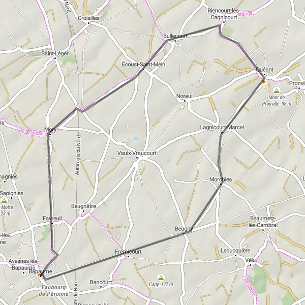 Miniature de la carte de l'inspiration cycliste "La Boucle de Bullecourt" dans la Nord-Pas de Calais, France. Générée par le planificateur d'itinéraire cycliste Tarmacs.app
