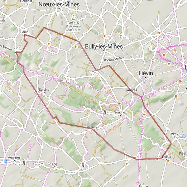 Miniature de la carte de l'inspiration cycliste "Boucle autour de Vimy" dans la Nord-Pas de Calais, France. Générée par le planificateur d'itinéraire cycliste Tarmacs.app