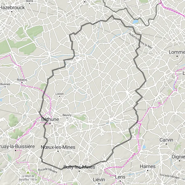 Miniature de la carte de l'inspiration cycliste "Béthune to Bully-les-Mines Cycling Route" dans la Nord-Pas de Calais, France. Générée par le planificateur d'itinéraire cycliste Tarmacs.app