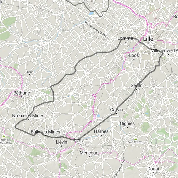 Miniature de la carte de l'inspiration cycliste "Parcours sportif de Lens à Lesquin" dans la Nord-Pas de Calais, France. Générée par le planificateur d'itinéraire cycliste Tarmacs.app