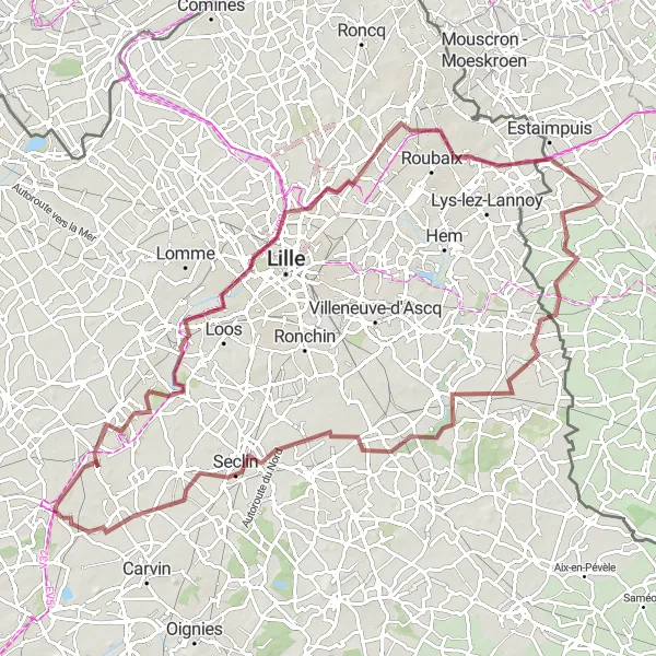 Miniature de la carte de l'inspiration cycliste "Tour de Bauvin - Seclin" dans la Nord-Pas de Calais, France. Générée par le planificateur d'itinéraire cycliste Tarmacs.app