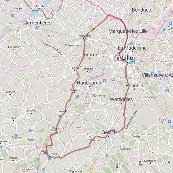 Map miniature of "Relaxing Gravel Route from Bauvin to Lille" cycling inspiration in Nord-Pas de Calais, France. Generated by Tarmacs.app cycling route planner