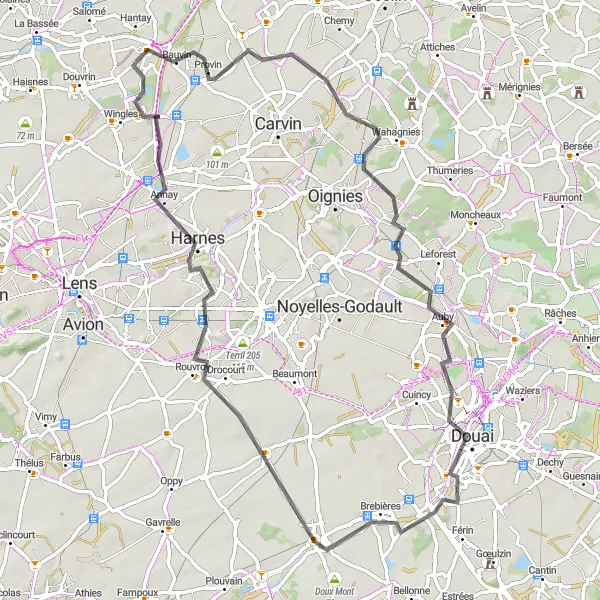 Map miniature of "Scenic Journey from Bauvin to Meurchin" cycling inspiration in Nord-Pas de Calais, France. Generated by Tarmacs.app cycling route planner