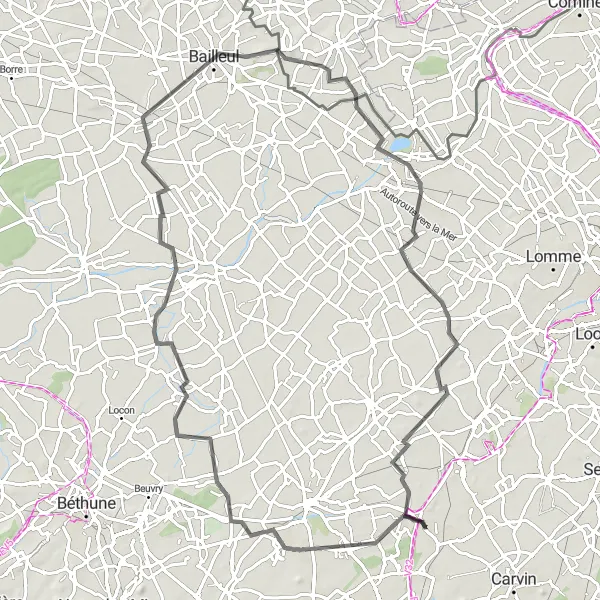 Miniature de la carte de l'inspiration cycliste "Bauvin - Bois-Grenier loop" dans la Nord-Pas de Calais, France. Générée par le planificateur d'itinéraire cycliste Tarmacs.app
