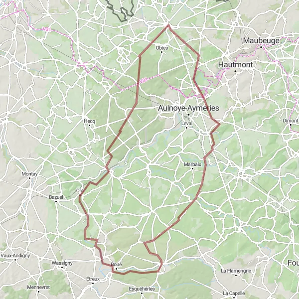 Map miniature of "Bavay to Bouvignies" cycling inspiration in Nord-Pas de Calais, France. Generated by Tarmacs.app cycling route planner