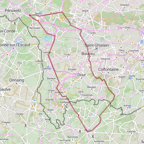 Miniature de la carte de l'inspiration cycliste "Les Chemins Gravel des Hauts Pays" dans la Nord-Pas de Calais, France. Générée par le planificateur d'itinéraire cycliste Tarmacs.app