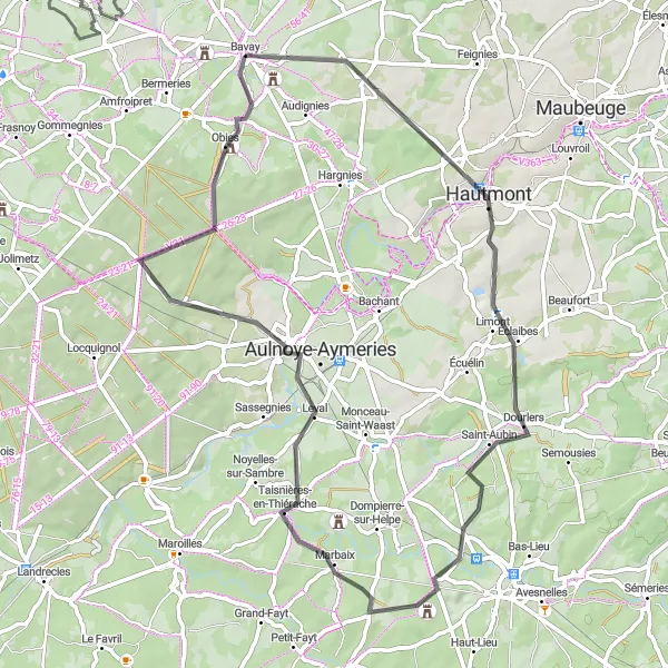 Map miniature of "Hautmont to Obies Road Route" cycling inspiration in Nord-Pas de Calais, France. Generated by Tarmacs.app cycling route planner