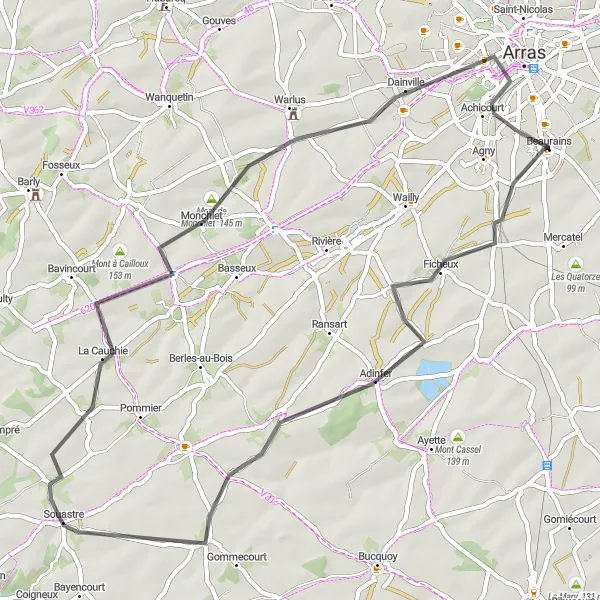 Map miniature of "The Majestic Countryside" cycling inspiration in Nord-Pas de Calais, France. Generated by Tarmacs.app cycling route planner