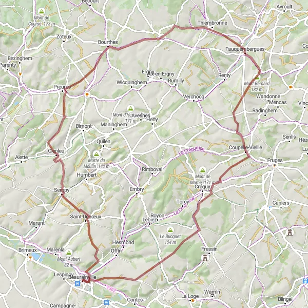 Map miniature of "Beaurainville Gravel Adventure" cycling inspiration in Nord-Pas de Calais, France. Generated by Tarmacs.app cycling route planner