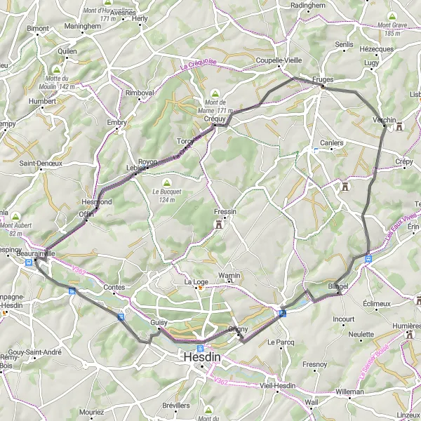 Miniature de la carte de l'inspiration cycliste "La boucle de Huby-Saint-Leu" dans la Nord-Pas de Calais, France. Générée par le planificateur d'itinéraire cycliste Tarmacs.app