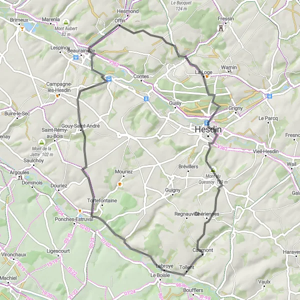 Map miniature of "Beaurainville Road Route" cycling inspiration in Nord-Pas de Calais, France. Generated by Tarmacs.app cycling route planner