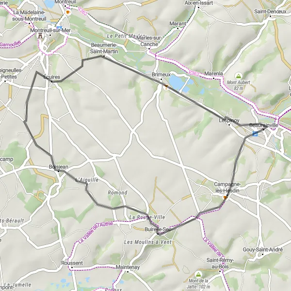 Miniature de la carte de l'inspiration cycliste "Les collines de l'Artois" dans la Nord-Pas de Calais, France. Générée par le planificateur d'itinéraire cycliste Tarmacs.app