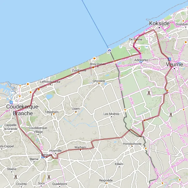 Miniature de la carte de l'inspiration cycliste "Bergues vers Leffrinckoucke et De Panne" dans la Nord-Pas de Calais, France. Générée par le planificateur d'itinéraire cycliste Tarmacs.app