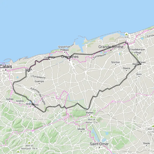 Map miniature of "The Coast and Countryside Loop" cycling inspiration in Nord-Pas de Calais, France. Generated by Tarmacs.app cycling route planner