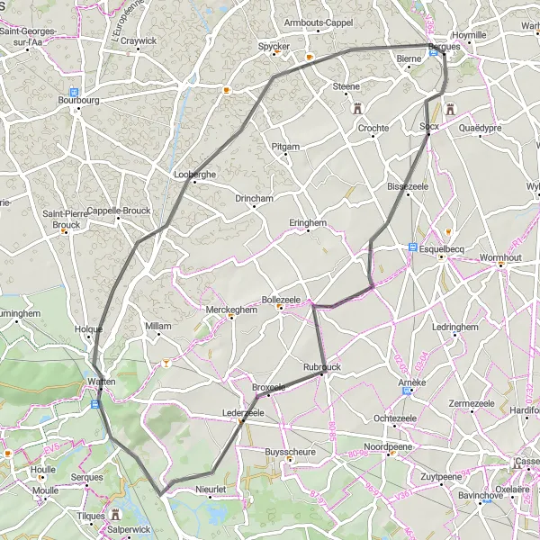 Map miniature of "The Rural Road Adventure" cycling inspiration in Nord-Pas de Calais, France. Generated by Tarmacs.app cycling route planner