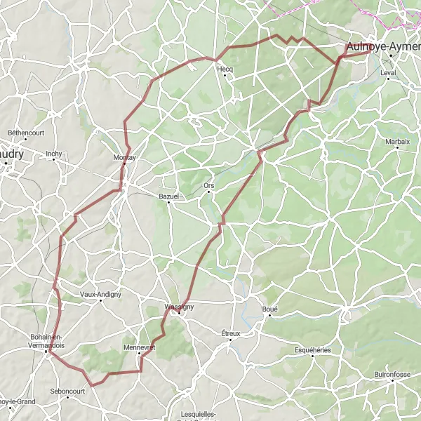 Map miniature of "Gravel Circuit through Landrecies" cycling inspiration in Nord-Pas de Calais, France. Generated by Tarmacs.app cycling route planner