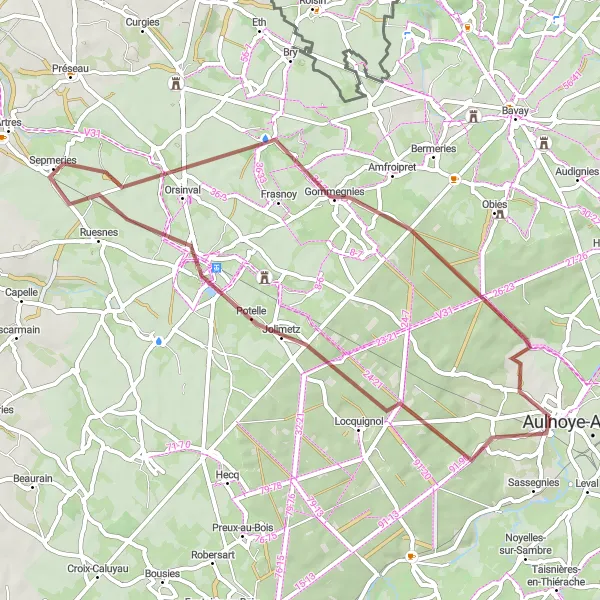 Map miniature of "Excursion to Jolimetz and Preux-au-Sart" cycling inspiration in Nord-Pas de Calais, France. Generated by Tarmacs.app cycling route planner