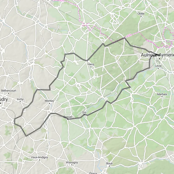 Map miniature of "Scenic Road Trip to Le Cateau-Cambrésis" cycling inspiration in Nord-Pas de Calais, France. Generated by Tarmacs.app cycling route planner