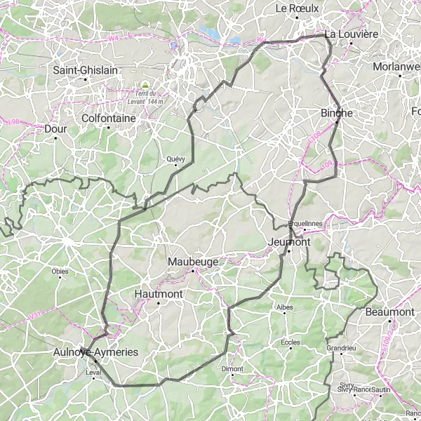 Miniature de la carte de l'inspiration cycliste "Tour des Terrils et Waterloos" dans la Nord-Pas de Calais, France. Générée par le planificateur d'itinéraire cycliste Tarmacs.app