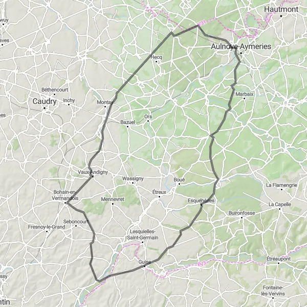 Miniature de la carte de l'inspiration cycliste "Tour de Guise et Le Cateau-Cambrésis" dans la Nord-Pas de Calais, France. Générée par le planificateur d'itinéraire cycliste Tarmacs.app