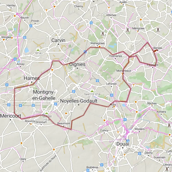 Miniature de la carte de l'inspiration cycliste "Les Terrils de la Région Minière" dans la Nord-Pas de Calais, France. Générée par le planificateur d'itinéraire cycliste Tarmacs.app