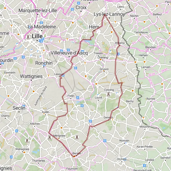 Miniature de la carte de l'inspiration cycliste "Les vallées de Bersée et les villages environnants" dans la Nord-Pas de Calais, France. Générée par le planificateur d'itinéraire cycliste Tarmacs.app