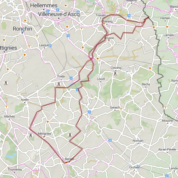 Map miniature of "Fretin to Château de Rupilly Gravel Route" cycling inspiration in Nord-Pas de Calais, France. Generated by Tarmacs.app cycling route planner