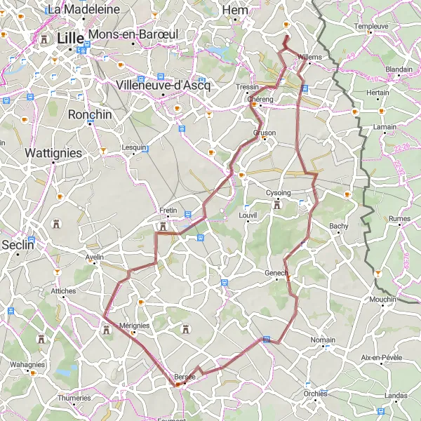 Miniature de la carte de l'inspiration cycliste "Les collines et vallées autour de Bersée" dans la Nord-Pas de Calais, France. Générée par le planificateur d'itinéraire cycliste Tarmacs.app