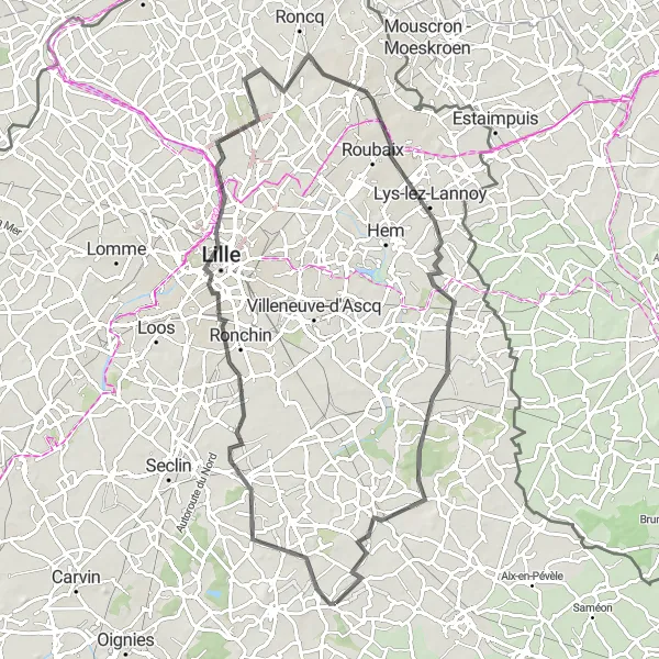 Map miniature of "Avelin to Cappelle-en-Pévèle Road Route" cycling inspiration in Nord-Pas de Calais, France. Generated by Tarmacs.app cycling route planner