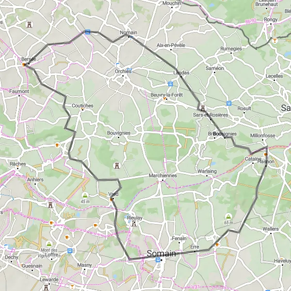 Miniature de la carte de l'inspiration cycliste "Boucle pittoresque à Aix-en-Pévèle" dans la Nord-Pas de Calais, France. Générée par le planificateur d'itinéraire cycliste Tarmacs.app