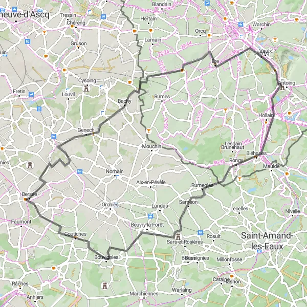 Map miniature of "Bersée to Antoing Road Route" cycling inspiration in Nord-Pas de Calais, France. Generated by Tarmacs.app cycling route planner