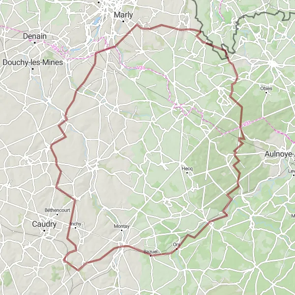 Map miniature of "Beaumont-en-Cambrésis Gravel Adventure" cycling inspiration in Nord-Pas de Calais, France. Generated by Tarmacs.app cycling route planner