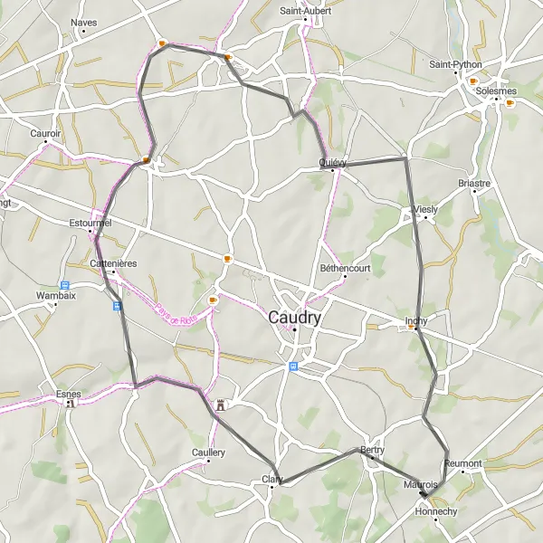 Miniature de la carte de l'inspiration cycliste "Les Collines de Cambrésis" dans la Nord-Pas de Calais, France. Générée par le planificateur d'itinéraire cycliste Tarmacs.app