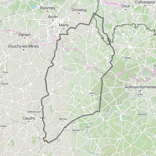Map miniature of "Aulnoy-lez-Valenciennes Road Tour" cycling inspiration in Nord-Pas de Calais, France. Generated by Tarmacs.app cycling route planner