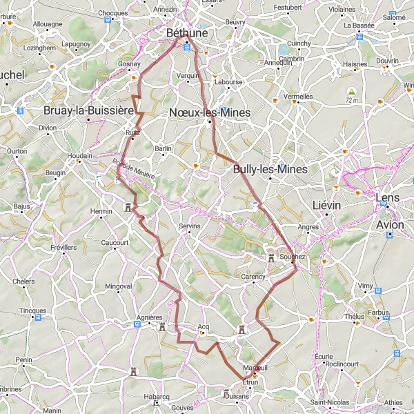 Miniature de la carte de l'inspiration cycliste "T036 - Béthune" dans la Nord-Pas de Calais, France. Générée par le planificateur d'itinéraire cycliste Tarmacs.app