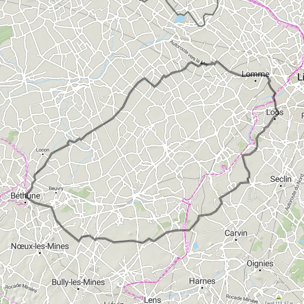 Map miniature of "Scenic Road Route in Nord-Pas de Calais" cycling inspiration in Nord-Pas de Calais, France. Generated by Tarmacs.app cycling route planner