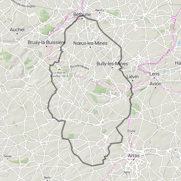 Map miniature of "Road Route in Nord-Pas de Calais" cycling inspiration in Nord-Pas de Calais, France. Generated by Tarmacs.app cycling route planner