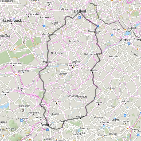 Miniature de la carte de l'inspiration cycliste "Béthune - Les Recollets" dans la Nord-Pas de Calais, France. Générée par le planificateur d'itinéraire cycliste Tarmacs.app