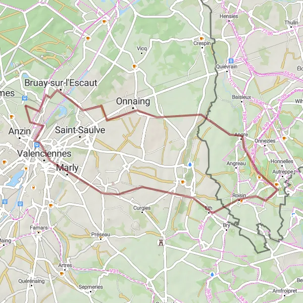 Map miniature of "Beuvrages to Valenciennes Gravel Loop" cycling inspiration in Nord-Pas de Calais, France. Generated by Tarmacs.app cycling route planner