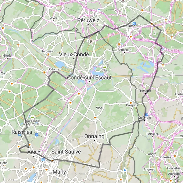 Map miniature of "Beuvrages to Valenciennes Road Loop" cycling inspiration in Nord-Pas de Calais, France. Generated by Tarmacs.app cycling route planner