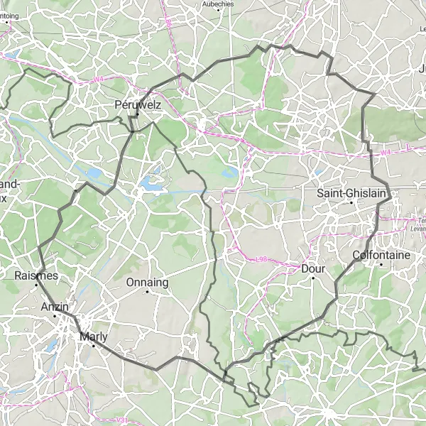 Map miniature of "Beuvrages to Valenciennes Extended Road Loop" cycling inspiration in Nord-Pas de Calais, France. Generated by Tarmacs.app cycling route planner