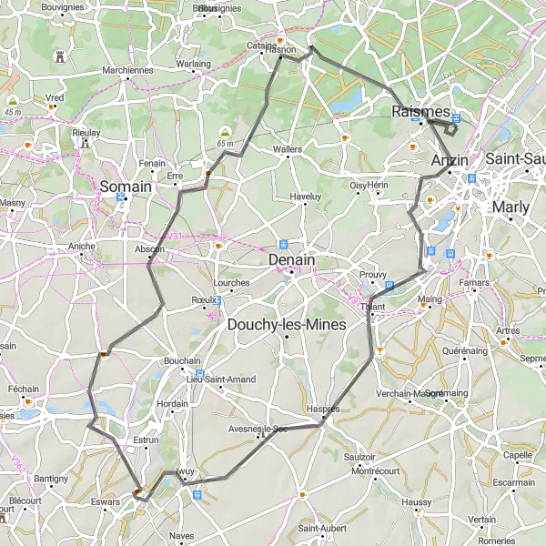 Miniature de la carte de l'inspiration cycliste "Boucle à vélo de Beuvrages à Raismes" dans la Nord-Pas de Calais, France. Générée par le planificateur d'itinéraire cycliste Tarmacs.app