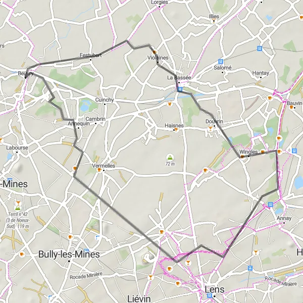 Miniature de la carte de l'inspiration cycliste "Les Chemins de Violaines" dans la Nord-Pas de Calais, France. Générée par le planificateur d'itinéraire cycliste Tarmacs.app