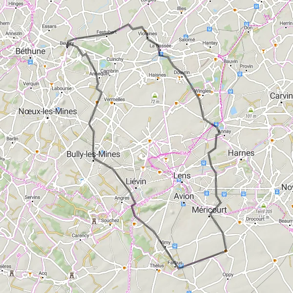 Miniature de la carte de l'inspiration cycliste "Les Collines de Beuvry" dans la Nord-Pas de Calais, France. Générée par le planificateur d'itinéraire cycliste Tarmacs.app