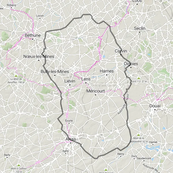 Miniature de la carte de l'inspiration cycliste "La Route des Terrils et des Châteaux" dans la Nord-Pas de Calais, France. Générée par le planificateur d'itinéraire cycliste Tarmacs.app