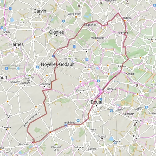 Map miniature of "The Scenic Fresnes-lès-Montauban Gravel Route" cycling inspiration in Nord-Pas de Calais, France. Generated by Tarmacs.app cycling route planner